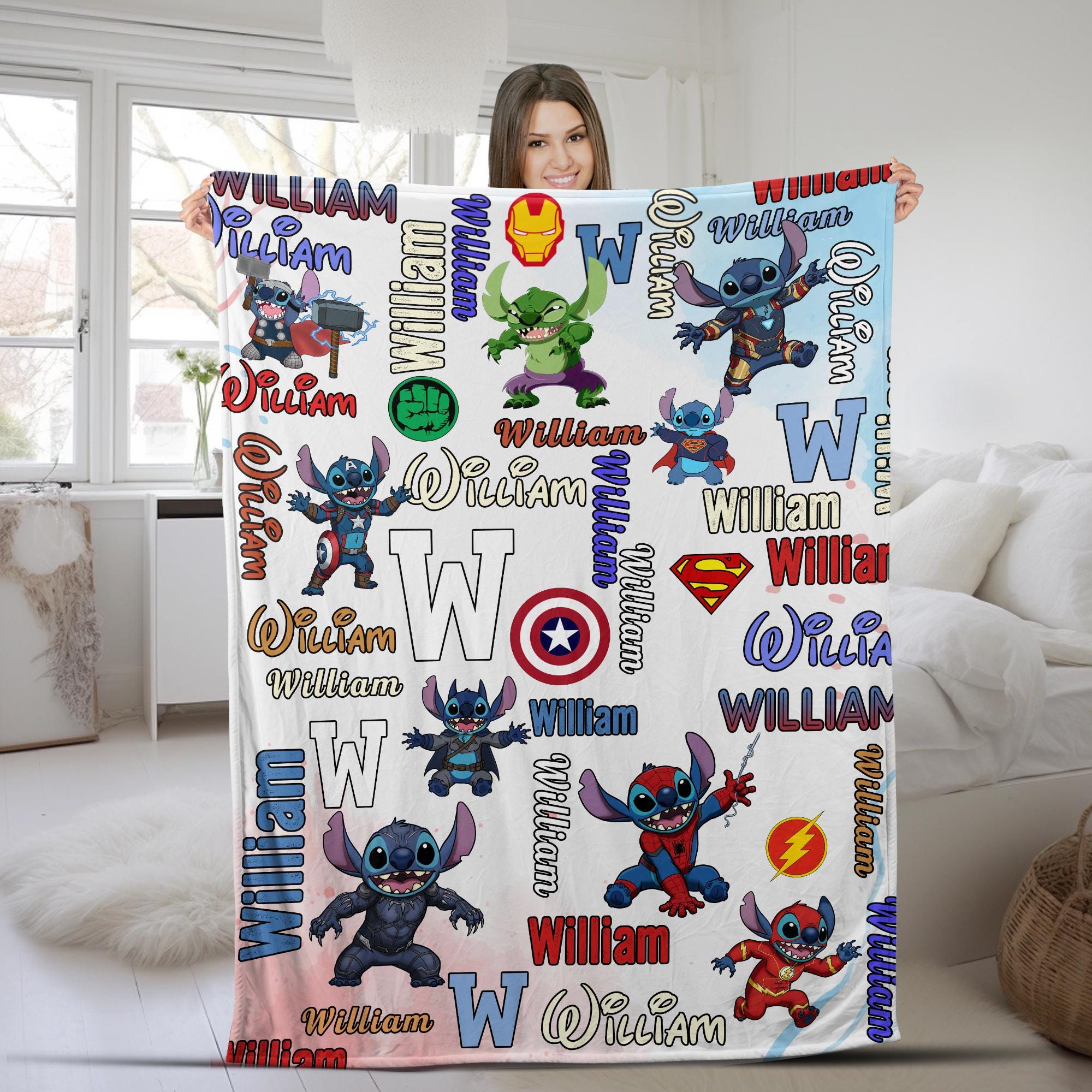 Discover Personalized Watercolor Stitch Cosplay Superheroes Disney Blanket