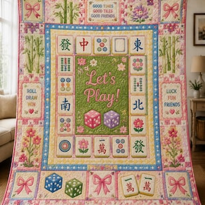 Mahjong Quilt Blanket, Personalized Game Night Throw, Floral Mahjong Tile Bedding, Gift for Mahjong Lovers and Friends ORD-TTI29 zdjęcie 1