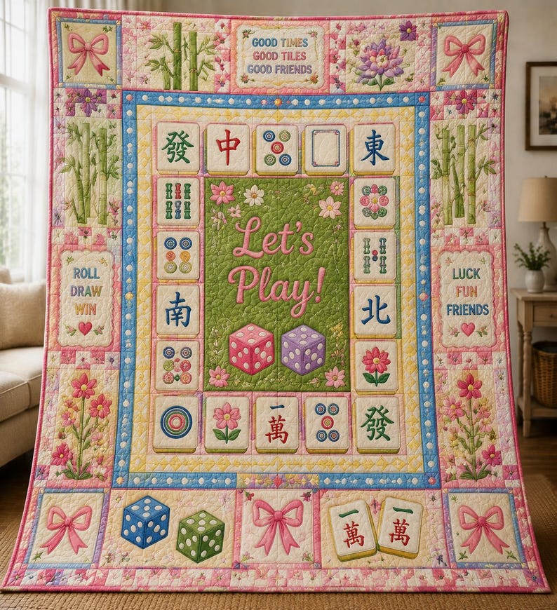 Mahjong Quilt Blanket, Personalized Game Night Throw, Floral Mahjong Tile Bedding, Gift for Mahjong Lovers and Friends ORD-TTI29 zdjęcie 1
