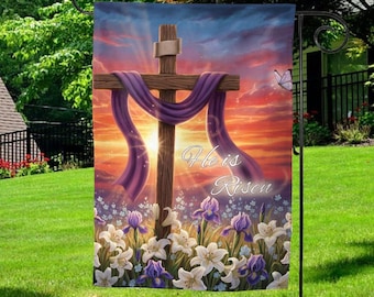 He Is Risen Religious Garden Flag/Happy Easter Decor/Easter Cross Garden Flag Double Sided/He Is Risen Flag/Easter Garden Flag OHY508