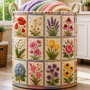 May include: A cylindrical fabric storage basket with two handles, featuring a quilted exterior divided into rectangular panels. Each panel displays a different embroidered flower, including poppies, daisies, lavender, tulips, and roses, filled with folded blankets.