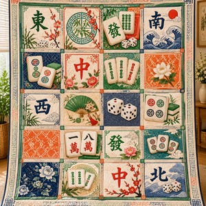 May include: A rectangular quilt featuring a grid of sixteen squares, each decorated with Mahjong tiles, dice, and traditional motifs like cherry blossoms, lotus flowers, ocean waves, and fans in a vibrant palette of red, blue, green, and white.