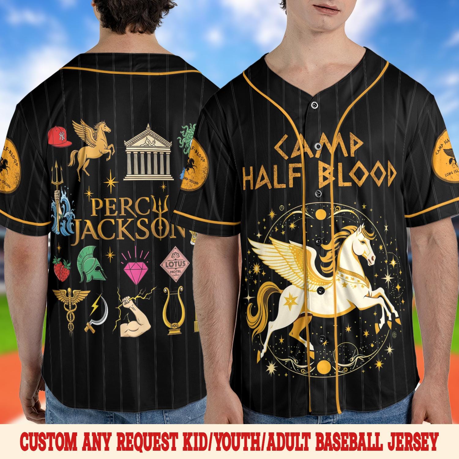 Maglietta Uomo Percy Jackson – Camp Half-Blood Arancione, Ricamata A Mano, Taglia XL - 2