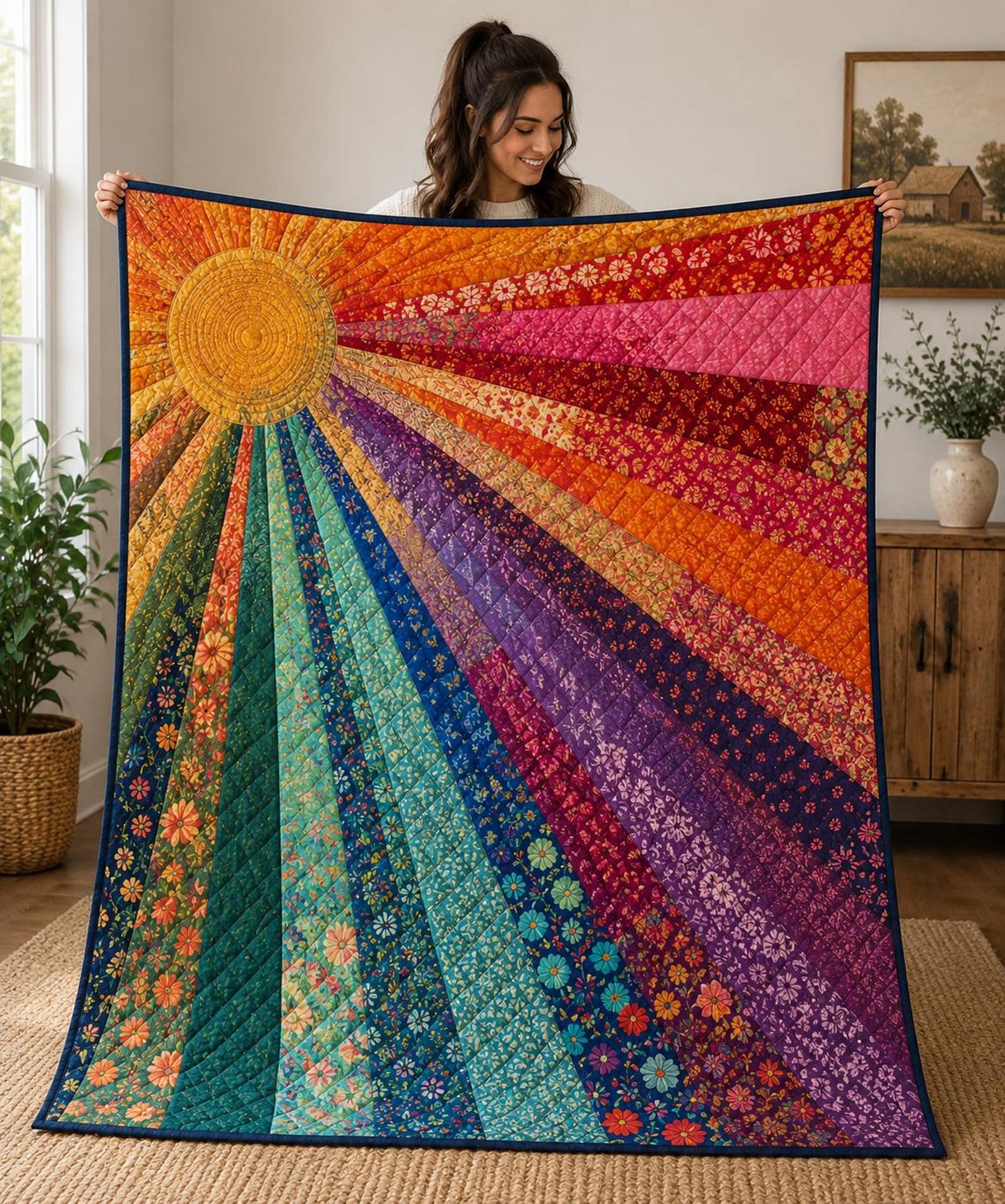 Rainbow Sunshine Quilt Blanket, Boho Colorful Bedding, Hippie Retro Sun Throw, Vibrant Cottagecore Quilt Gift UARENQB12 - Quilt (No Border), 80x90in