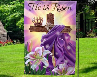He Is Risen Religious Garden Flag/Happy Easter Decor/Easter Cross Garden Flag Double Sided/He Is Risen Flag/Easter Garden Flag OGQT08
