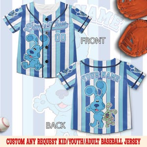 Personalized Blue Clues Baseball Jersey, Blue Dog Striped Birthday Baseball Jersey, Baby Birthday Boy Gift, Blue Clues Family Tee UNZC19
