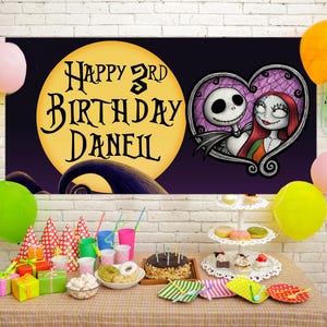 Jack Skellington Personalized Banner, Custom Happy Birthday Party Backdrop, Halloween Birthday Decoration SKYK06