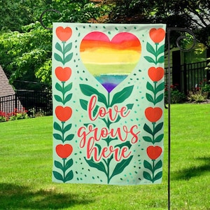 Love Grows Here Garden Flag, Pride Rainbow Flag, LGBTQ+ Pride Home Decor, Pride Banner For Garden & Yard, Colorful Outdoor Decoration SLUM15