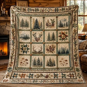May include: A rectangular quilt featuring a grid of sixteen squares with nature-themed illustrations including pine trees, pinecones, deer antlers, mushrooms, and geometric star patterns, all bordered by a decorative pinecone and star motif.