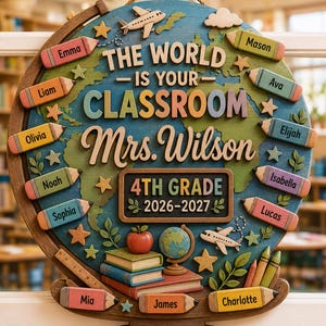 May include: A wooden classroom sign with a globe design. The sign reads "THE WORLD IS YOUR CLASSROOM Mrs. Wilson 4TH GRADE 2026-2027". It features student names on pencil-shaped name tags, stars, airplanes, books, and a globe.