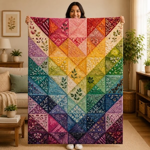 May include: A rectangular quilt featuring a vibrant rainbow gradient of triangular patches. Each section is decorated with intricate, raised floral and botanical embroidery in matching hues, transitioning from deep purple to pink, orange, yellow, green, and blue.