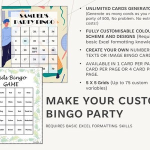 Plantilla de Excel de bingo personalizada: tarjetas únicas ilimitadas con tablero de dibujo de juego gratuito: cree su propio juego de bingo con texto, imagen y números