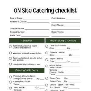 Op de afbeelding: Een checklist voor catering op locatie, met secties voor hygiëne, tafeldekking en meubilair, cateringtafeldecoratie en extra details. De checklist bevat selectievakjes voor verschillende items, zoals tafelkleden, servetten, serveerschalen, middelpunten, vazen, kaarsen en extra decoratie. De checklist bevat ook ruimte voor de datum van de gebeurtenis, het aantal gasten, de locatie van de gebeurtenis, het thema van de gebeurtenis en het decoratiethema.
