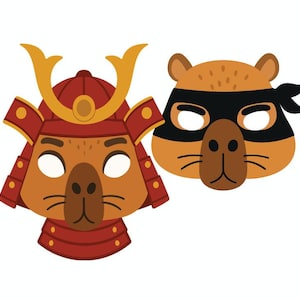 May include: Two cartoon animal masks. One is a brown mask with a samurai helmet in red and gold. The other is a brown mask with a black eye mask. Both masks have white eye holes and brown noses.