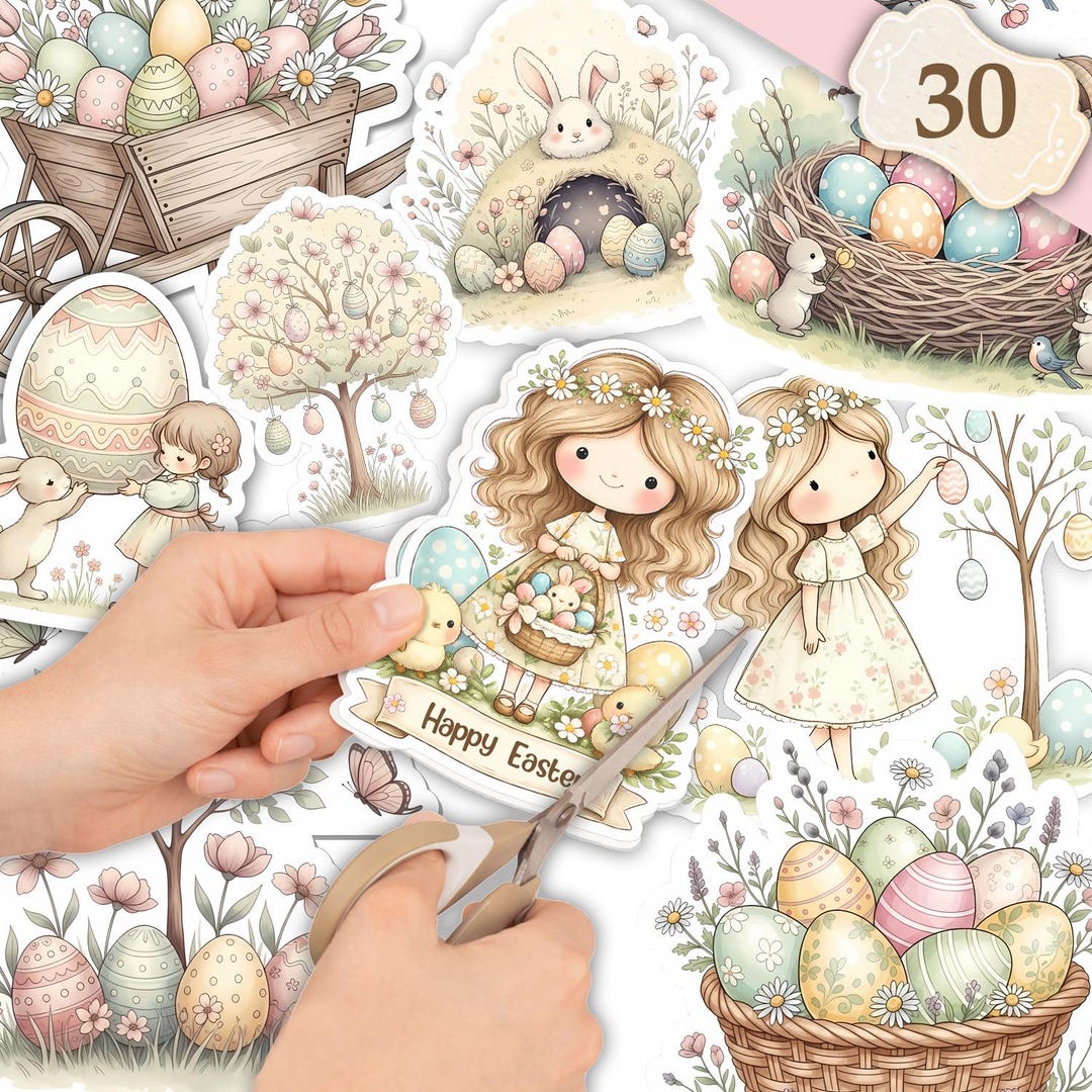 Easter Printable Stickers and Fussy Cut Ephemera – 30 Cute Bunny Spring ...