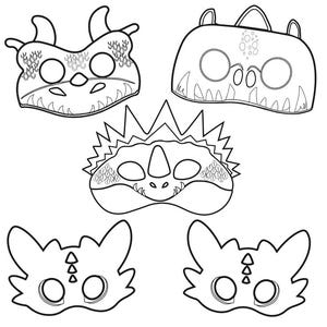 May include: Five black and white dragon masks with various designs. The masks include different styles of horns, spikes, and eye shapes. The masks are designed with eye holes and mouth details.