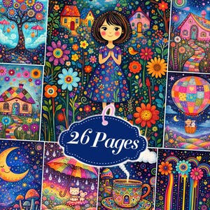 Puede incluir: Una ilustración vibrante y colorida con una niña con un vestido floral rodeada de flores, casas y un globo aerostático. La imagen incluye un árbol con paraguas y una luna creciente. El texto "26 Pages" se muestra en una etiqueta azul.