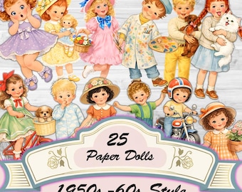 May include: A set of 25 paper dolls in a 1950s and 60s style, featuring children in various outfits and accessories. The image includes text that reads "25 Paper Dolls 1950s -60s Style". The dolls are shown with pets and other items.
