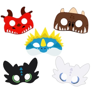 May include: Five colourful dragon masks. The masks are red, brown, blue, black, and white. Each mask has eye holes and is designed with dragon-like features, including horns, spikes, and teeth. Ideal for costume parties or imaginative play.