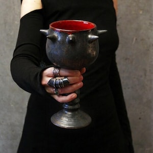 May include: A dark, metallic goblet with a red interior. The goblet has a stem and is adorned with several pointed protrusions around the rim. The overall design suggests a gothic or fantasy theme.