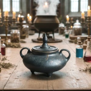 May include: A dark grey cauldron with a lid, three small feet, and two handles, positioned on a wooden table. The image features various glass bottles, candles, and a larger cauldron with steam in the background. The scene suggests a mystical or alchemical setting.
