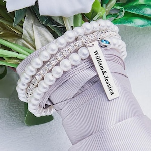 Personalized Bridal Bouquet Charm: Pearl, Crystal & Blue Stone