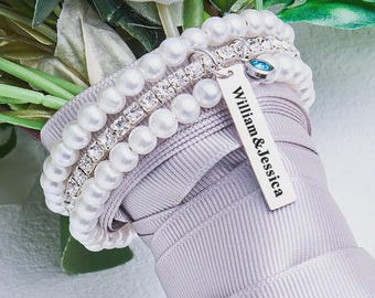 Colgante personalizado para ramo de novia: Perla, cristal y piedra azul.