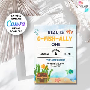 Ofishally One, First Birthday, Fishing Theme, First Birthday Invitation, Editable Canvas Template, Editable Instant Download, 1st Birthday
