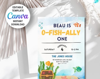Fishing First Birthday Invitation, O-Fish-Ally One, Editable Template (Digital Download)