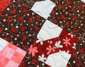 Baby Bow Tie Quilt - 31 x 39 - hearts candy chocolate flowers - Valentines Day - brown red pink white