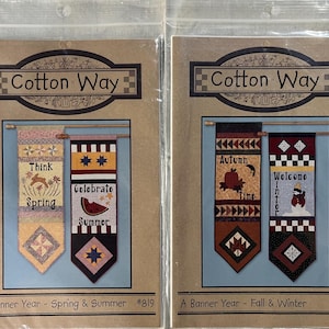 May include: Two craft kits, "A Banner Year," feature seasonal designs. One banner reads "Think Spring" with a bunny and flowers, the other says "Celebrate Summer" with a watermelon. The second kit says "Autumn time" and "Welcome Winter."