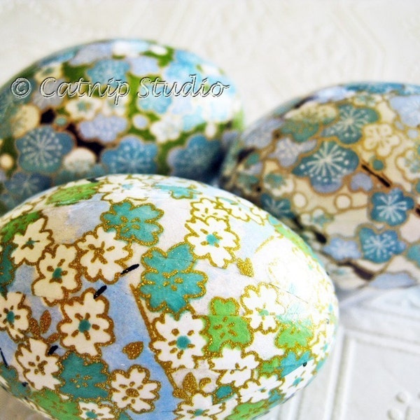 Easter Eggs, Blue and Green Easter Eggs, decoupage eggs, origami eggs, sky blue spring green, cherry blossom floral