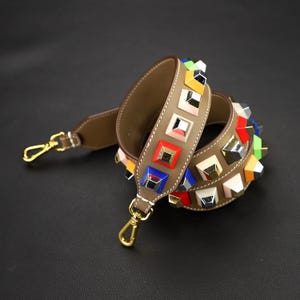40mm Studded Bag Strap,Grey Leather Multicolor Studded Strap You Shoulder Bag Strap, Strap You Studded Shoulder Strap for Handbag