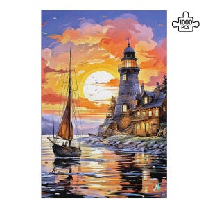 Lighthouse at Sunset Jigsaw Puzzle: 500 or 1000 Piece Adult Puzzle