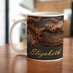 Personalized Marble Mug: Brown Agate Coffee Cup, Custom Name Gift