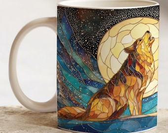 Mug de Noël en céramique effet vitrail loup et lune