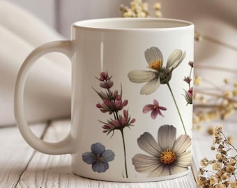 Taza de cerámica con flores silvestres: taza de té floral estilo bohemio vintage