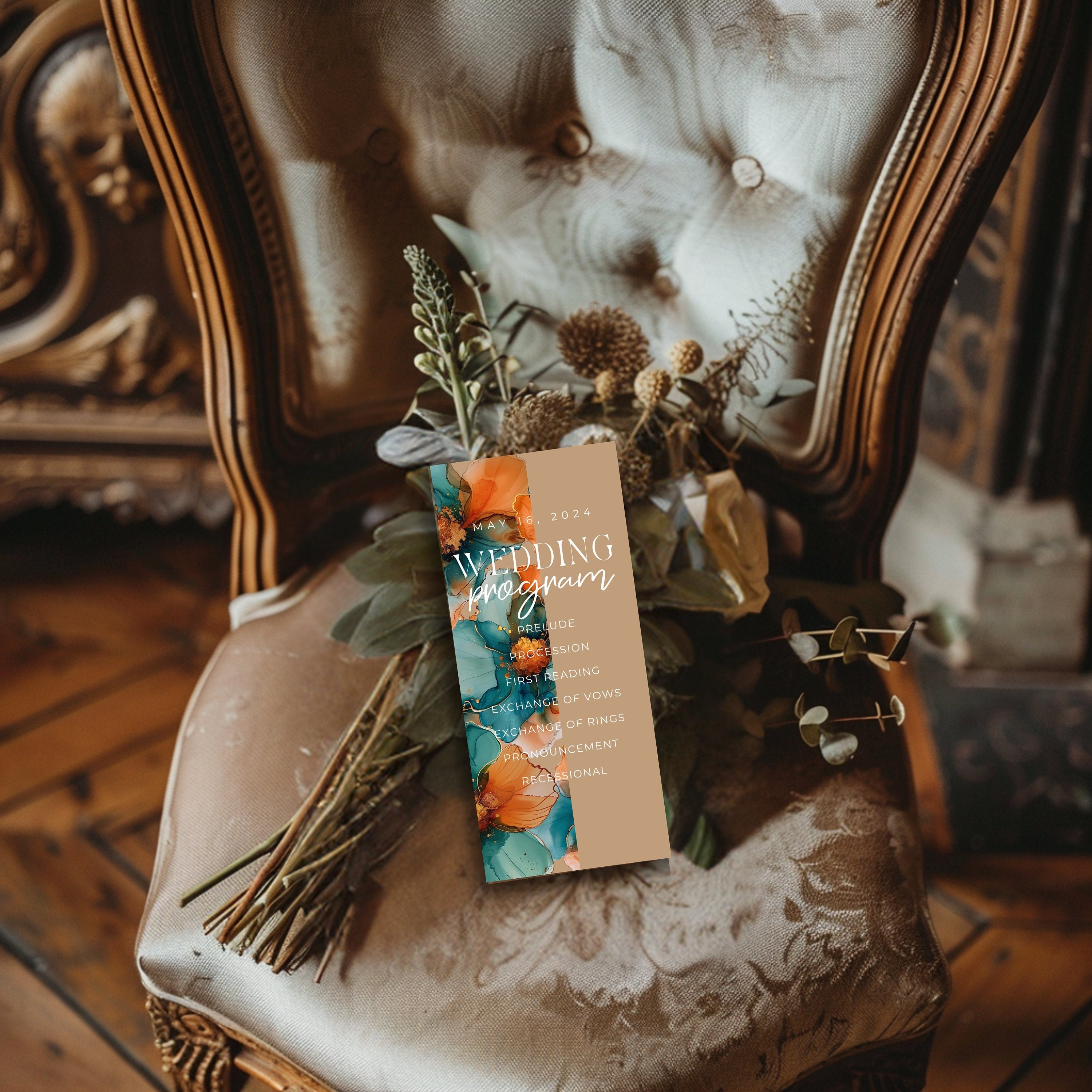 Burnt orange and Teal Wedding ceremony program, 4"x9", wedding Itinerary, Slim, easily customised for DIY Brides, DIY template