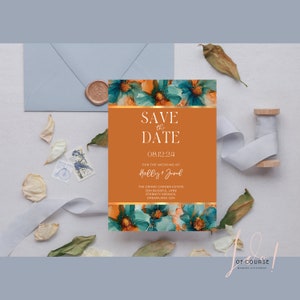 Burnt orange and Teal Save the Date, 5x7", FULLY customizable for DIY Brides, DIY template, Instant access, vow renewal