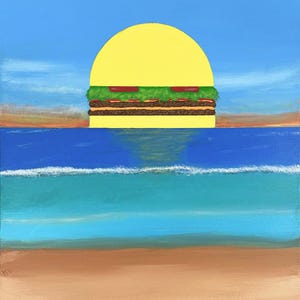 May include: A painting of a hamburger sunset over a blue ocean and a sandy beach.
