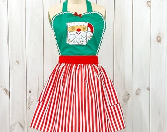 CHRISTMAS apron, womens apron, full apron, green with red stripes, Santas Helper, Elf apron, gift, hostess gift, ready to ship now