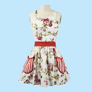 apron Cottage Chic pretty floral red Womens Retro full APRON  with pockets vintage style flirty gift aprons, rose print apron