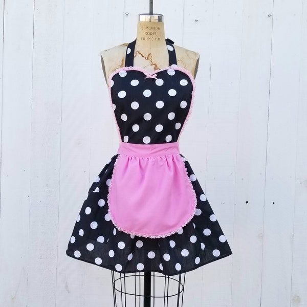 aprons for women, black polka dot apron, French Maid apron, RETRO apron, black and pink  apron, fifties apron, hostess gift, womens apron