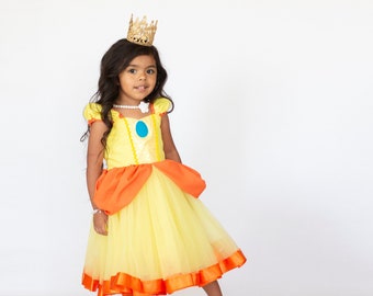 Princess Daisy costume, girls Princess Daisy costume, Princess Daisy dress, yellow dress, Halloween costume