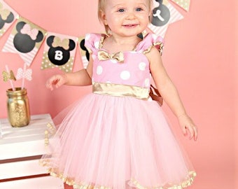 Pink and Gold dress, MINNIE MOUSE dress, pink Minnie Mouse TUTU dress, baby girl 1st birthday outfit pink and gold, first birthday