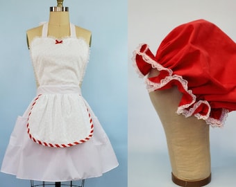 Mrs Claus Apron,  Mrs Claus Costume Apron, Farmhouse Christmas Apron, Mrs Claus Hat, Christmas apron, holiday hostess, red hat, red bonnet