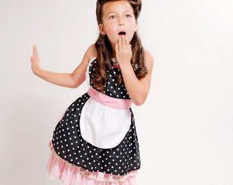 apron for kids RETRO apron in black and pink POLKA DOT childrens full apron birthday kids gift 50s inspired