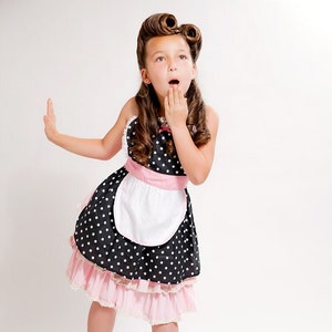 apron for kids RETRO apron in black and pink POLKA DOT childrens full apron birthday kids gift 50s inspired image 1