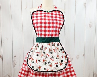 Christmas Apron, Mid Century Modern Christmas Apron, red Gingham Apron, retro Christmas apron,  women's apron, holiday apron with snowman