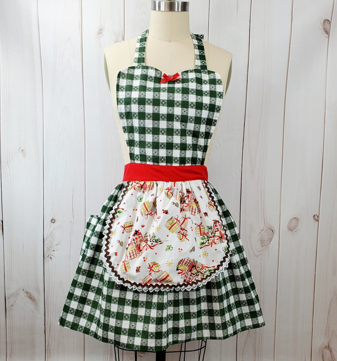 Christmas Apron Green Gingham Apron Retro Christmas Apron Etsy